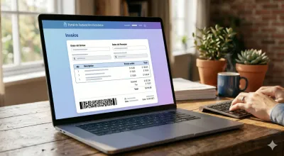 AFIP Factura Electrónica: notebook con una factura electrónica argentina abierta, mostrando el CAE de 14 dígitos al pie del comprobante