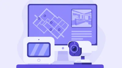 Ilustración de un panel de alarma junto a una cámara IP sobre el mostrador de un comercio, mostrando el mismo mapa de sensores y video en una pantalla