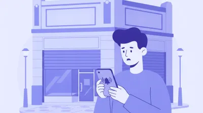 Ilustración de un dueño de comercio mirando en el celular el aviso de una alarma activada, con el local cerrado de fondo