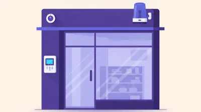 Ilustración de un local comercial de noche con sensores de movimiento, sirena y una central de alarma junto a la puerta de entrada