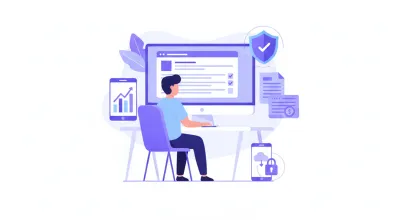 Ilustración vectorial de una persona completando el alta de monotributo en ARCA en una computadora, con íconos de documentos, escudo de seguridad y factura electrónica en estilo flat design violeta y azul