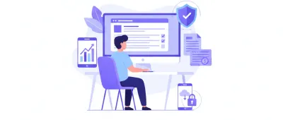 Ilustración vectorial de una persona completando el alta de monotributo en ARCA en una computadora, con íconos de documentos, escudo de seguridad y factura electrónica en estilo flat design violeta y azul