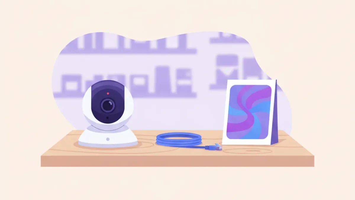 Ilustración de una cámara EZVIZ C6N con base giratoria sobre un estante, junto a un cable de red y un cartel de mostrador de comercio