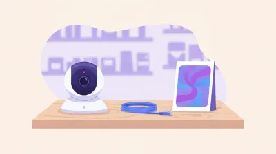 Ilustración de una cámara EZVIZ C6N con base giratoria sobre un estante, junto a un cable de red y un cartel de mostrador de comercio