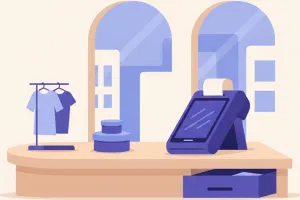 Ilustración de una terminal Point Smart de Mercado Pago sobre el mostrador de un comercio, imprimiendo un comprobante