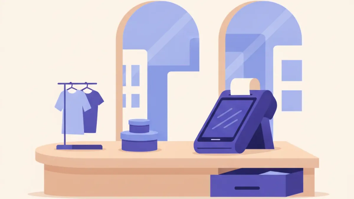Ilustración de una terminal Point Smart de Mercado Pago sobre el mostrador de un comercio, imprimiendo un comprobante