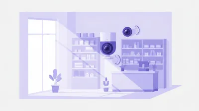 Ilustración de dos cámaras Tapo con base giratoria, una C200 y una C210, instaladas en el interior de un local comercial chico