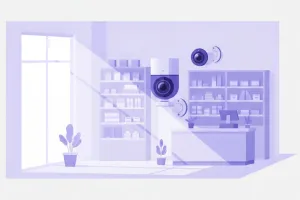 Ilustración de dos cámaras Tapo con base giratoria, una C200 y una C210, instaladas en el interior de un local comercial chico