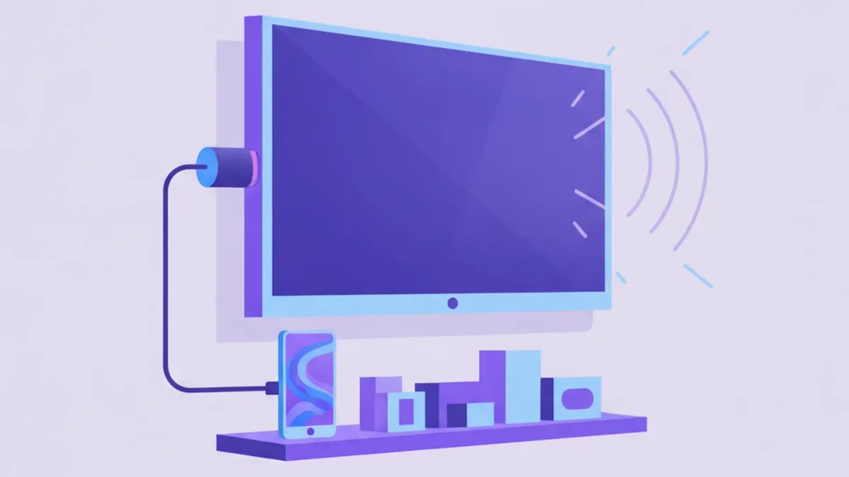 Ilustración de un Chromecast conectado por HDMI a un televisor en un comercio, con un celular cerca controlando el casteo del contenido