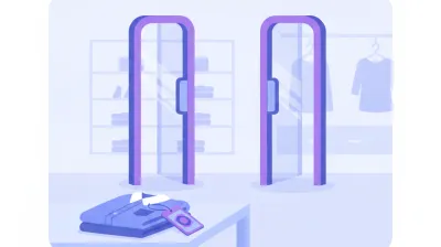 Ilustración de dos antenas antihurto EAS a cada lado de la puerta de salida de un local de ropa, con una etiqueta de seguridad sobre una prenda en primer plano