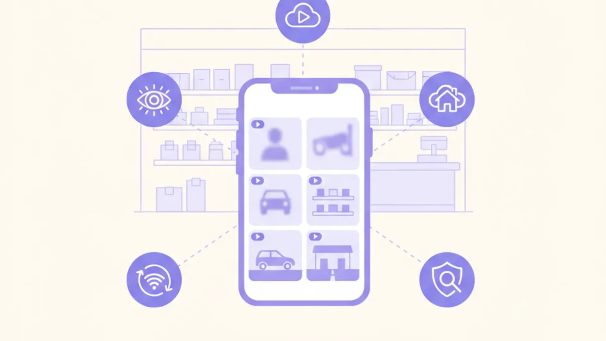 Ilustración de un celular mostrando una grilla de cámaras en vivo, rodeado de los íconos de cinco apps distintas de videovigilancia