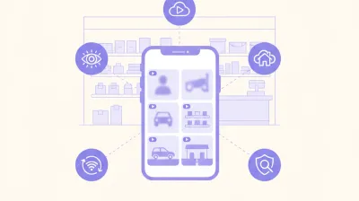 Ilustración de un celular mostrando una grilla de cámaras en vivo, rodeado de los íconos de cinco apps distintas de videovigilancia