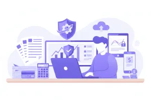 Persona revisando su cuenta corriente tributaria de Ingresos Brutos en una computadora, con documentos de retenciones y percepciones sobre el escritorio