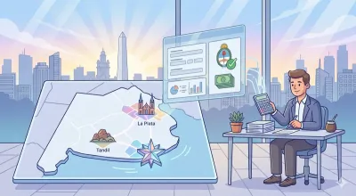 Mapa de la provincia de Buenos Aires con el logo de ARBA y un dispositivo mostrando deducciones