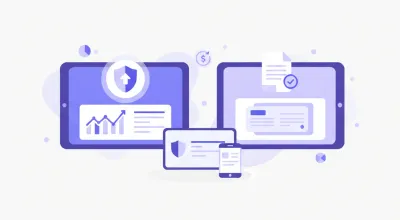 Ilustración vectorial flat de la transición de AFIP a ARCA en Argentina: íconos de factura electrónica, escudo institucional y portal digital en paleta violeta y azul