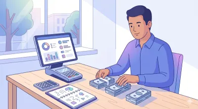 Arqueo de caja paso a paso: persona contando billetes en una caja registradora moderna