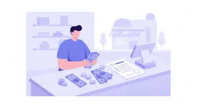 Ilustración de una persona contando billetes y monedas sobre el mostrador de un comercio con una planilla de arqueo de caja al lado