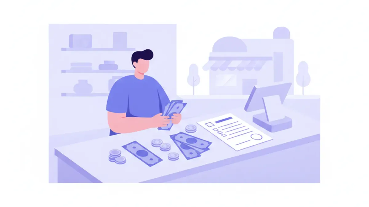 Ilustración de una persona contando billetes y monedas sobre el mostrador de un comercio con una planilla de arqueo de caja al lado