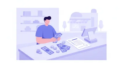 Ilustración de una persona contando billetes y monedas sobre el mostrador de un comercio con una planilla de arqueo de caja al lado