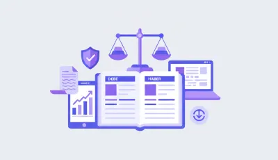 Ilustración de un balance de sumas y saldos con columnas de debe y haber, balanza equilibrada y libro mayor contable