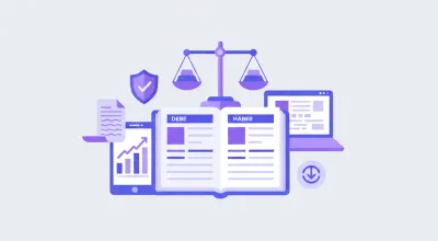 Ilustración de un balance de sumas y saldos con columnas de debe y haber, balanza equilibrada y libro mayor contable