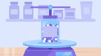 Ilustración de una balanza de precisión sobre el mostrador de una dietética pesando un frasco con suplementos