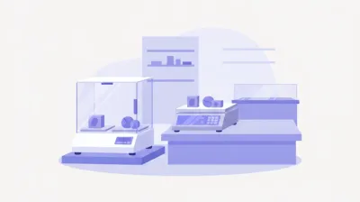 Ilustración comparativa de una balanza de precisión de laboratorio junto a una balanza comercial de mostrador en un local