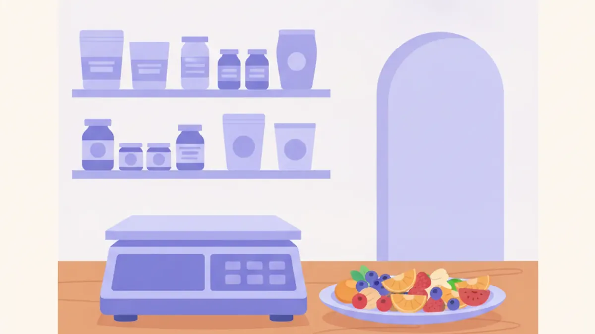 Ilustración de una balanza de precisión Ohaus junto a un plato de comida en el mostrador de una dietética