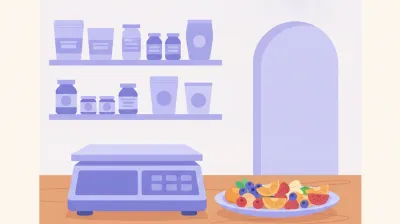 Ilustración de una balanza de precisión Ohaus junto a un plato de comida en el mostrador de una dietética