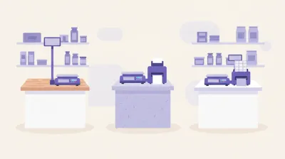 Ilustración de tres balanzas Systel distintas (con mástil, con impresora de ticket y con impresora de etiquetas) sobre mostradores de comercio