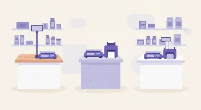 Ilustración de tres balanzas Systel distintas (con mástil, con impresora de ticket y con impresora de etiquetas) sobre mostradores de comercio