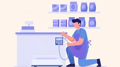 Ilustración de un empleado de comercio revisando el cable y el panel de una balanza Systel que no actualiza los precios