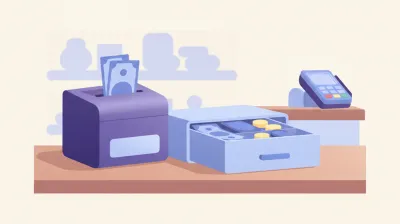 Ilustración de un buzón antirrobo de mostrador con una ranura angosta para depositar billetes, ubicado junto al cajón de dinero de un comercio