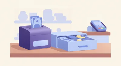 Ilustración de un buzón antirrobo de mostrador con una ranura angosta para depositar billetes, ubicado junto al cajón de dinero de un comercio
