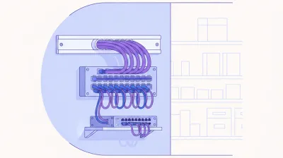 Ilustración de un cable de red UTP saliendo de una canaleta hacia un patch panel prolijamente cableado en la pared de un comercio