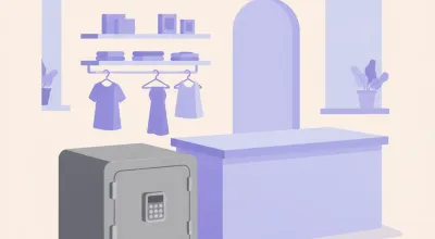 Ilustración de una caja fuerte de sobreponer anclada al piso junto al mostrador de un comercio, con la puerta cerrada y el teclado numérico a la vista