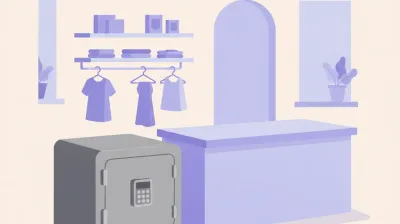 Ilustración de una caja fuerte de sobreponer anclada al piso junto al mostrador de un comercio, con la puerta cerrada y el teclado numérico a la vista