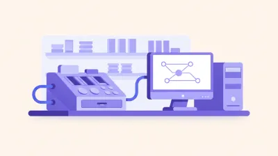 Ilustración de un cajón inteligente de mostrador con ranuras para billetes y monedas conectado a una PC de punto de venta