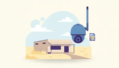 Ilustración de una cámara de seguridad con una antena y una tarjeta SIM, instalada en un local o depósito alejado sin conexión de internet fija