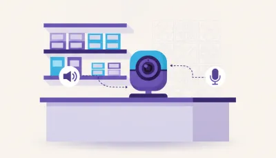 Ilustración de una cámara de seguridad de mostrador con un ícono de parlante y micrófono, representando el audio bidireccional