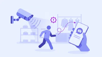 Ilustración de una cámara de seguridad de local detectando el movimiento de una persona y mandando una alerta a un celular