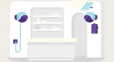Ilustración de dos cámaras de seguridad iguales en apariencia, una con un cable de corriente visible y otra con una batería y un pequeño panel solar
