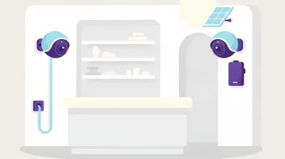 Ilustración de dos cámaras de seguridad iguales en apariencia, una con un cable de corriente visible y otra con una batería y un pequeño panel solar