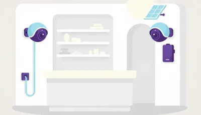 Ilustración de dos cámaras de seguridad iguales en apariencia, una con un cable de corriente visible y otra con una batería y un pequeño panel solar