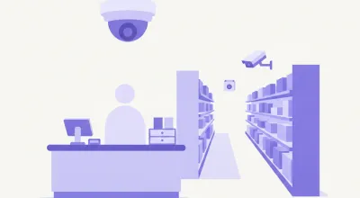 Ilustración del interior de un local con una cámara domo en el techo sobre el mostrador y otra cámara cúbica en un pasillo de góndolas