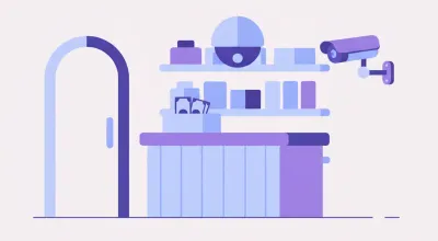 Ilustración de un mostrador de comercio con una cámara de seguridad interior sobre la caja y otra exterior apuntando a la puerta de entrada