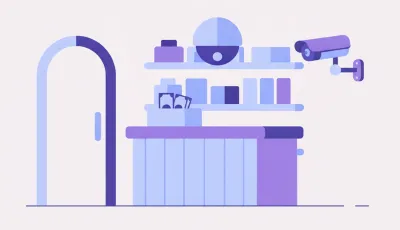 Ilustración de un mostrador de comercio con una cámara de seguridad interior sobre la caja y otra exterior apuntando a la puerta de entrada