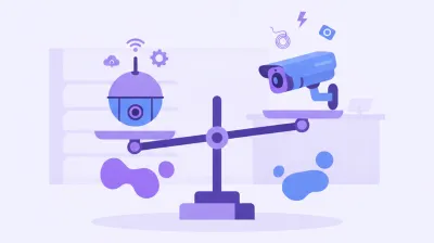 Ilustración de dos cámaras de seguridad distintas sobre una balanza comparando qué factores suben el precio de cada una