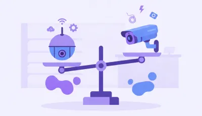 Ilustración de dos cámaras de seguridad distintas sobre una balanza comparando qué factores suben el precio de cada una