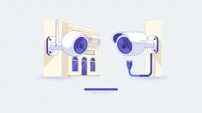 Ilustración comparativa de dos cámaras de seguridad en la pared de un local, una con antena Wi-Fi y otra conectada por un cable de red
